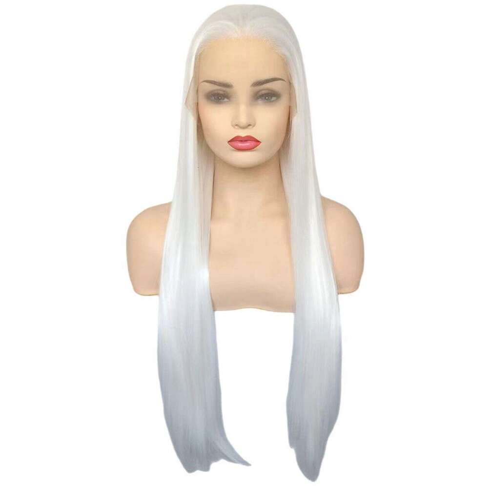 Fashion Pure White Women's Hand-Tied Lace Front Long Straight Synthetic High-Temperature Fiber Wig