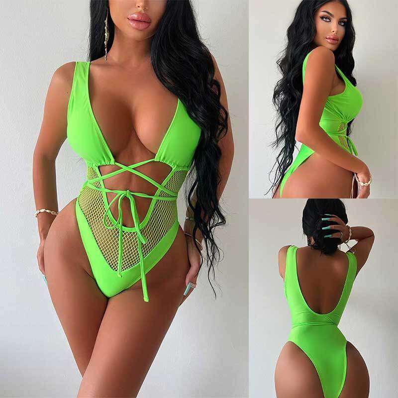Trendy Green Mesh Patchwork Tie One-Piece Swimsuit Sexy Tight Bandage Bikini 2025 New Elegant Unique Fashion