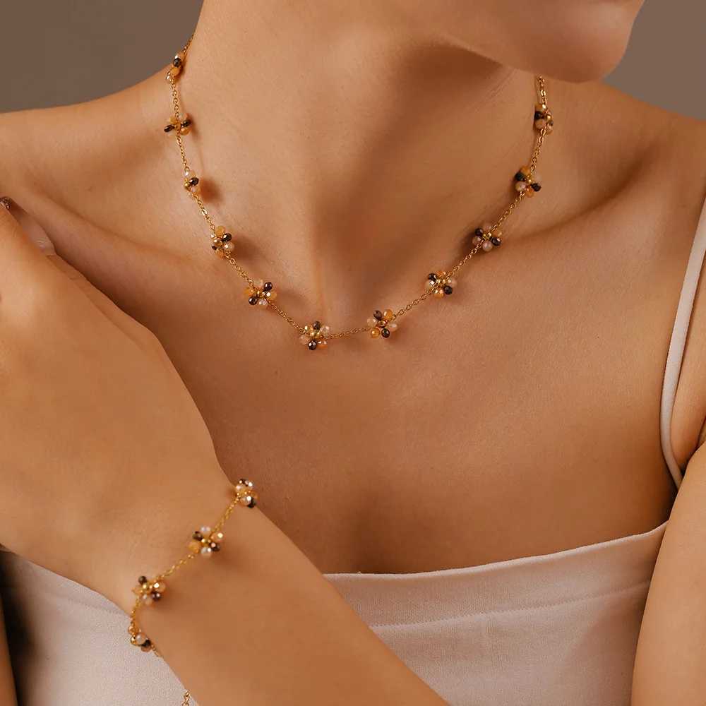 Colorful Glass Stone Beaded Flower Pendant Necklace Anklet Set Womens Stainless Steel Gold plated Chain Summer Jewelry Z250607