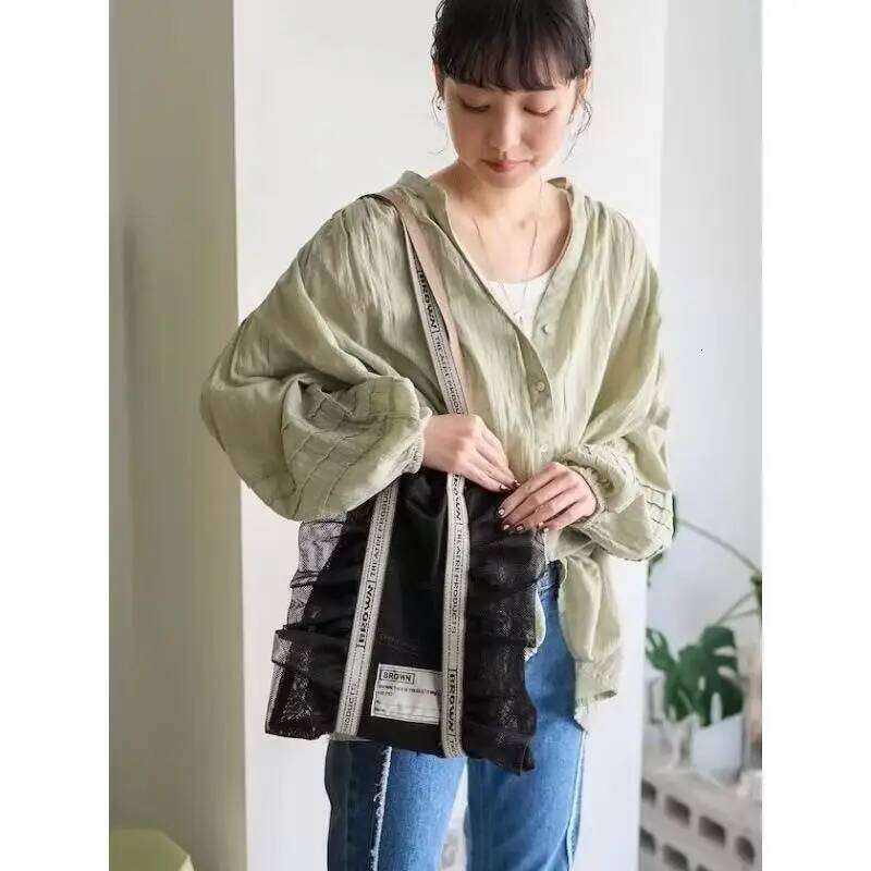 Japanese Niche Transparent Mesh Ruffle Edge Shoulder Strap Embroidered Letters Fashionable Drawstring Women's Bag