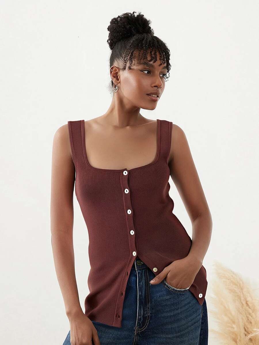 Ladies Casual Sleeveless Ribbed Tank Top with Square Neckline and Button Detail Fit Knit Vest for Summer Wear