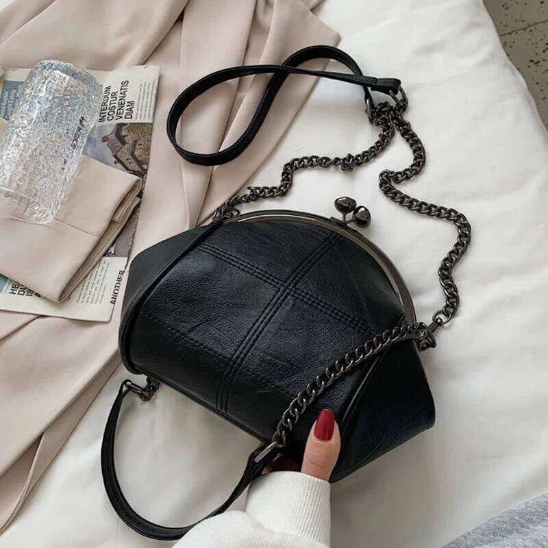 2025 New Vintage Two Straps Shell Lock Bag Chain Women Shoulder Crossbody Bags PU Leather Tote Women's Handbags Purses