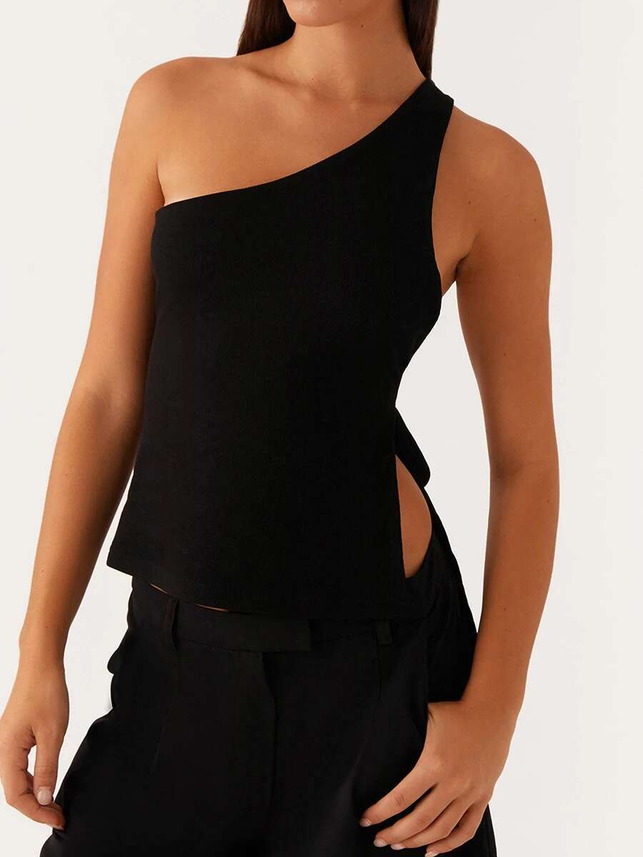 Elegant One Shoulder Blouse Womens Fashionable Sleeveless Top with Chic Side Knot Detail for Summer Wear