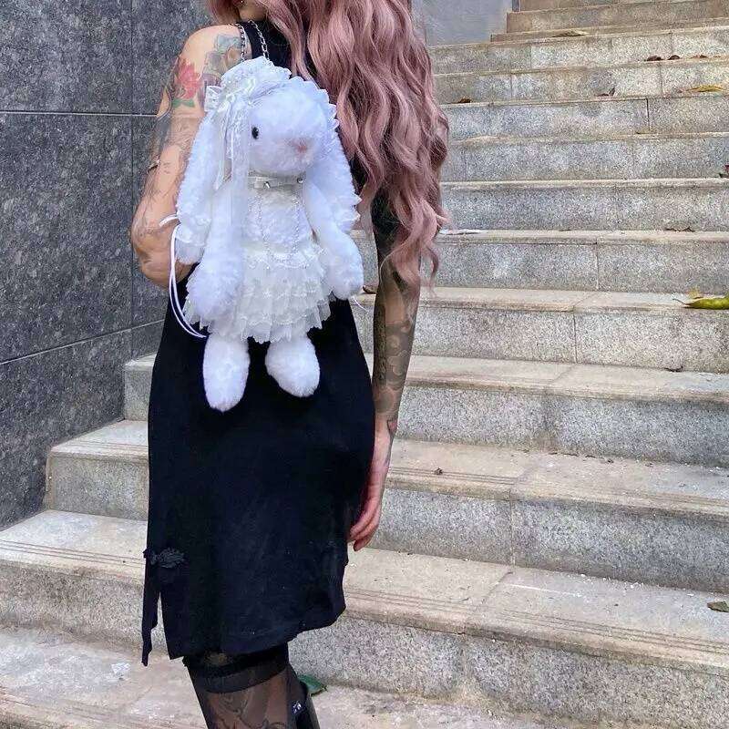 MBTI Bunny Shoulder For Women Cute Plush White Fluffy Y2k Chains Gothic Crossbody Bag Lace Kawaii Lolita Jk Female Handbag