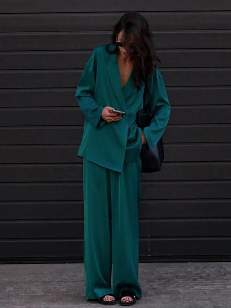 Women Pant Sets Elegant Laple Full Sleeve Button Blazers Loose High Waist Trousers Female Suits 2025 Spring Fashion Lady Outfits 250605