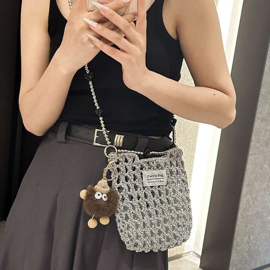 (Finished Product) Handmade Crochet Silver Thread Shoulder Phone Bag Crossbody Women's Fashion Versatile