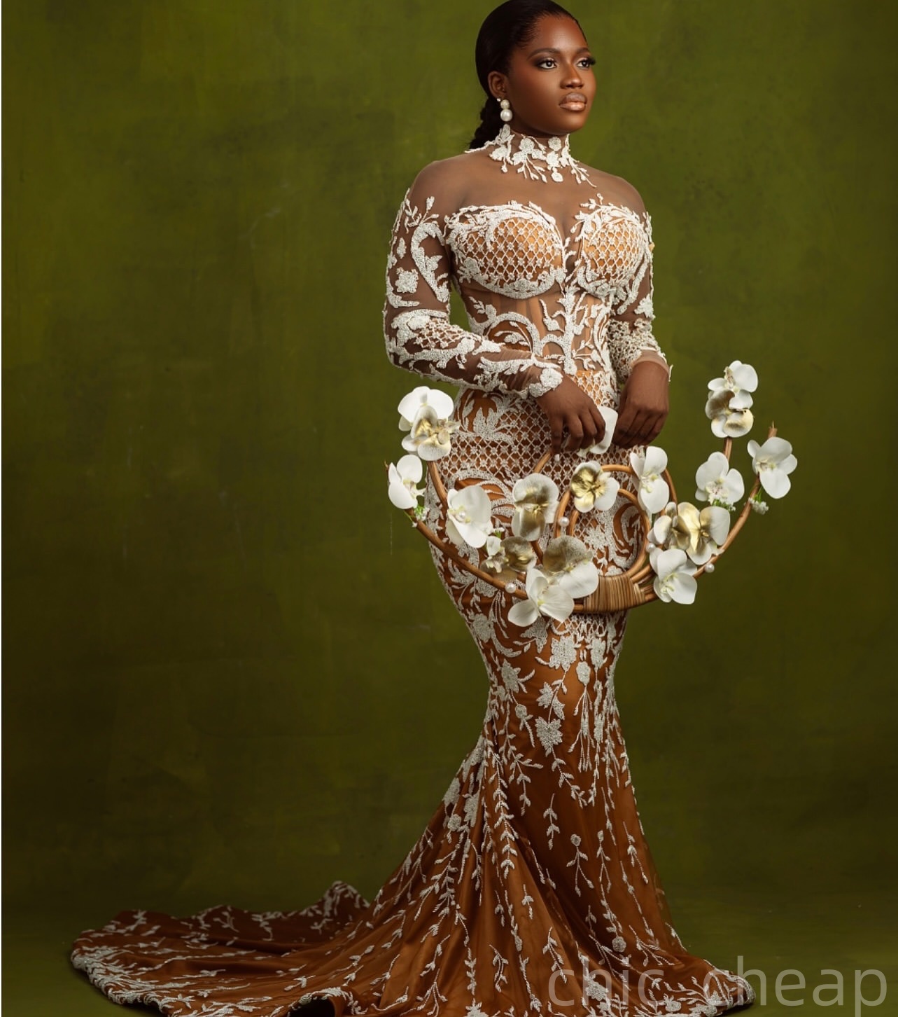 2025 Arabic Aso Ebi Plus Size Ivory Mermaid Wedding Dresses Illusion Lace Sheer Neck Full Sleeves Vintage Bridal Gowns Dress ZJ205