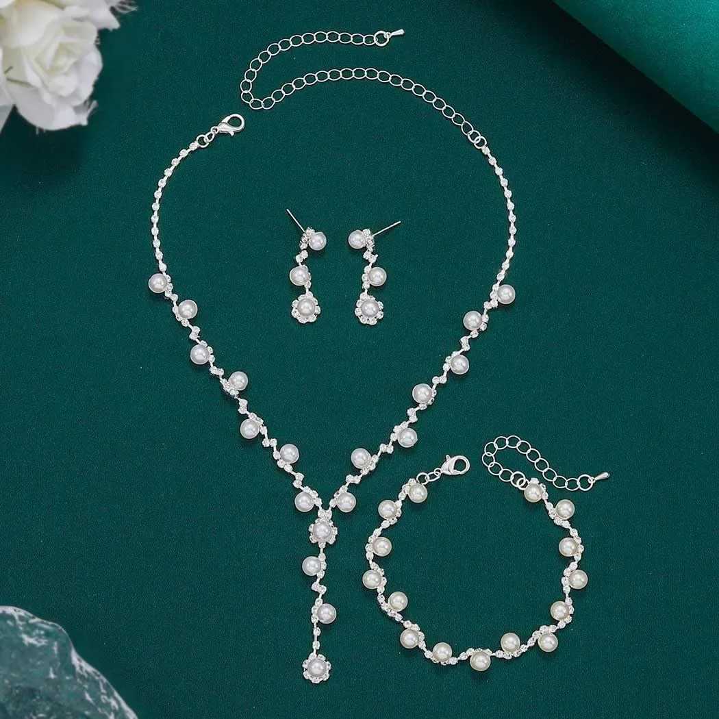 Silver Pearl Bridal Wedding Jewelry Set Rhinestone Necklace Earrings Sets Formal Costume Jewelry for Women and Brides Z250607
