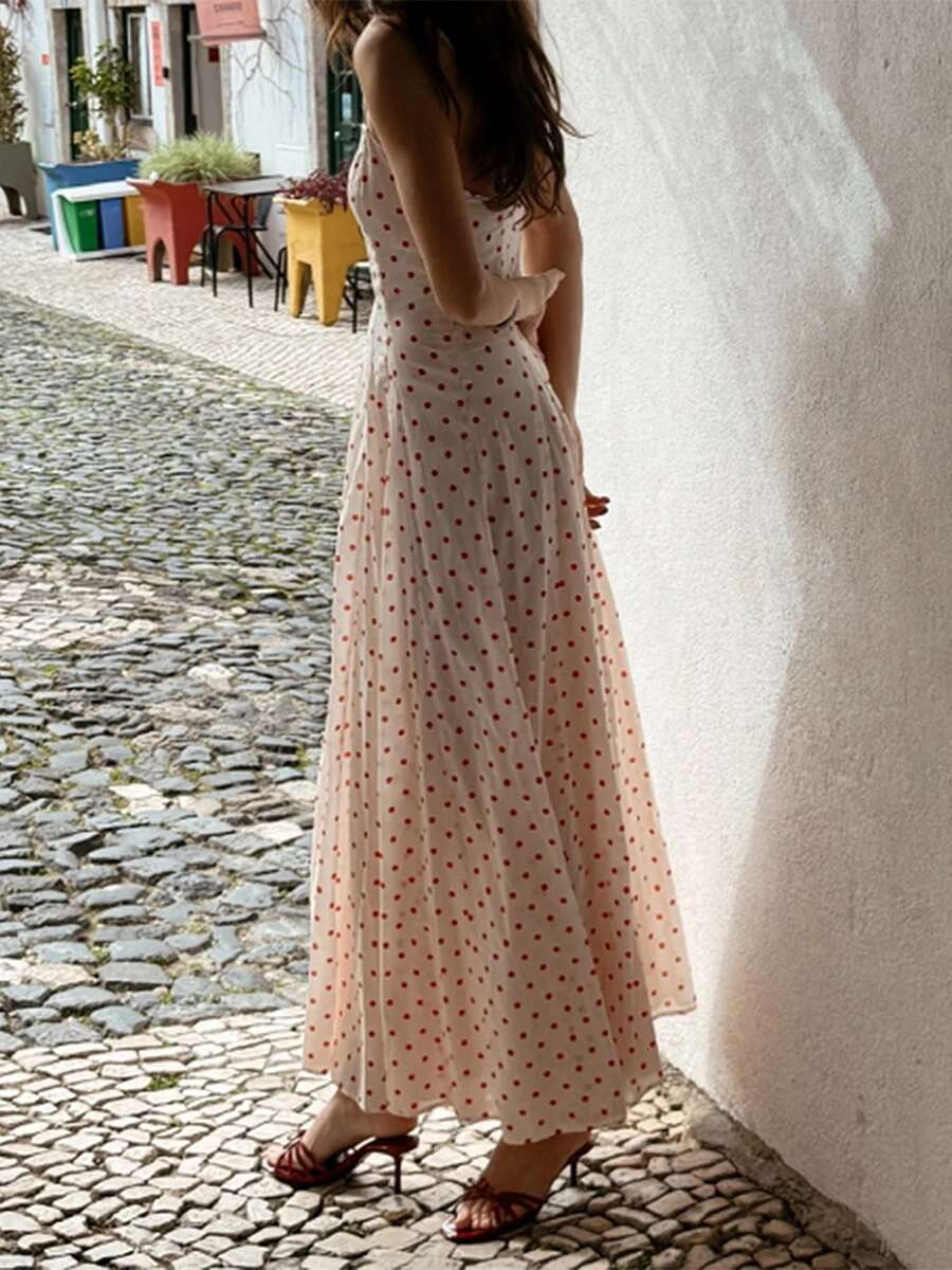 Womens Summer Long Cami Dress Floral Dot Print Sleeveless Spaghetti Strap a Line Dress