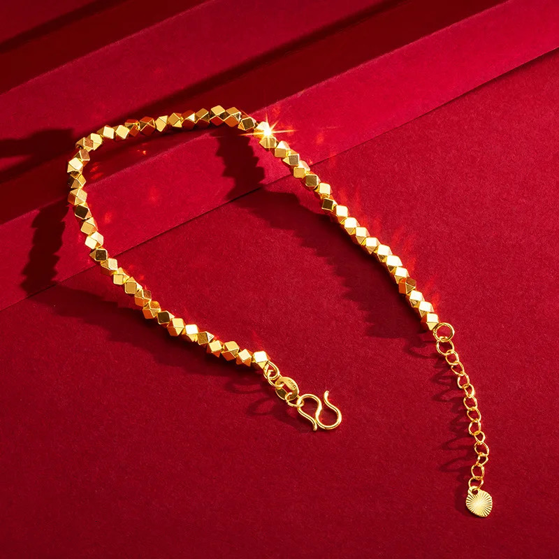Real 18K Gold Chain Bracelet for Women Pure Adjustable Trendy Laser Beads Chain for Women Fine Jewelry Gift 250604
