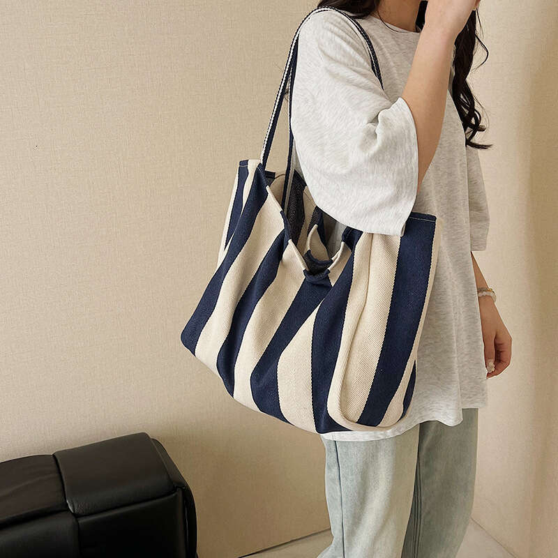 Artistic Casual Large Capacity Canvas Tote 2025 New Korean Style Striped Fashion Handbag Shoulder Bag