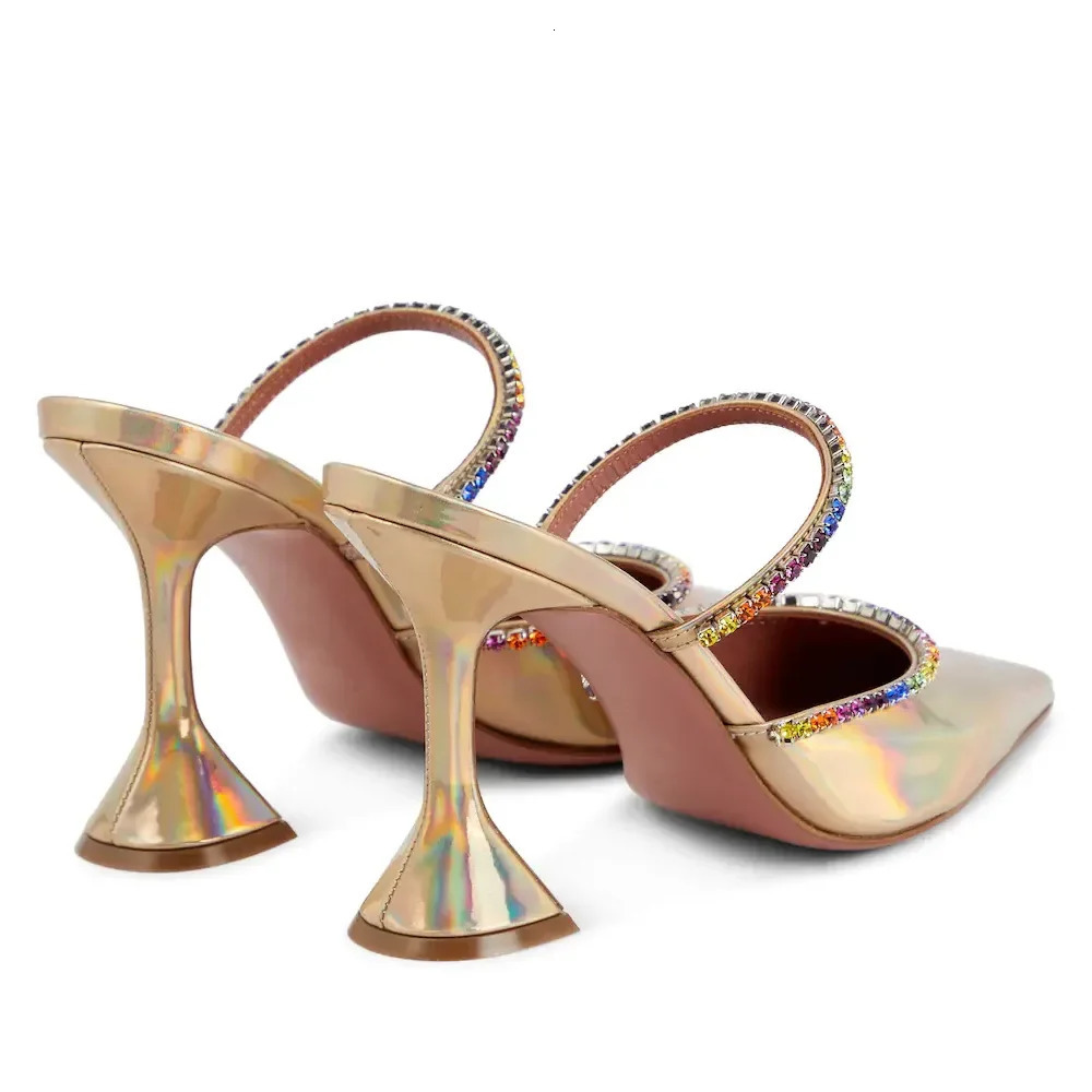 Korean Version of The Trendy Half-slip Womens Shoes with Rhinestone Satin Wine Glass Heels Baotou Slippers 250603