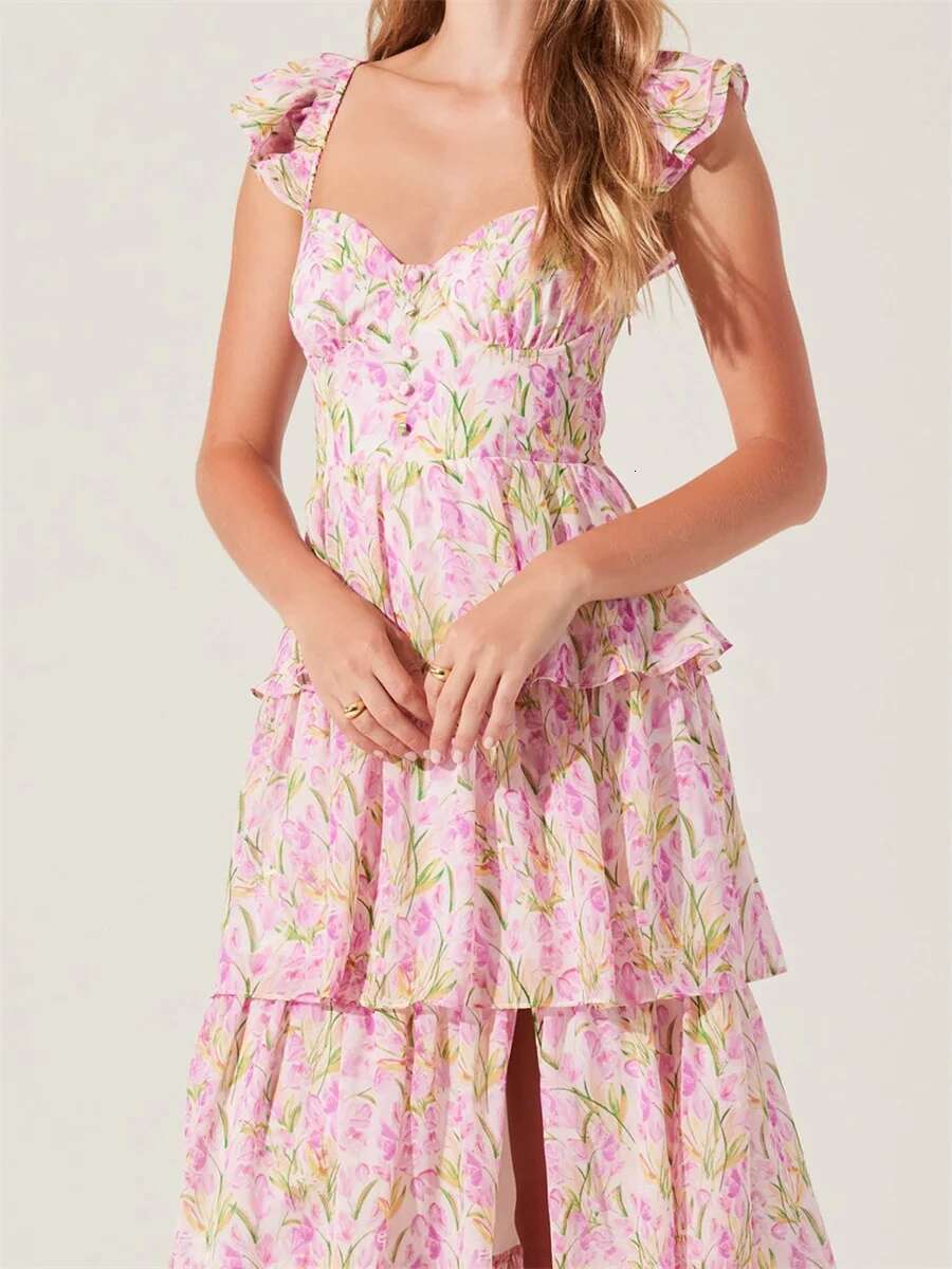 Elegant Off-shoulder Maxi Dress with Delicate Floral Print and Flowy Ruffled Layers Perfect for Spring and Summer Events