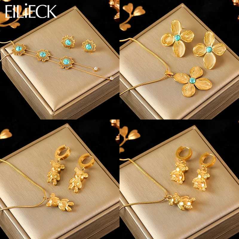 EILIECK 316L Stainless Steel Gold Color Bear Flower Necklace Earrings Set For Women New Party Gift Waterproof Jewelry Set Bijoux Z250607