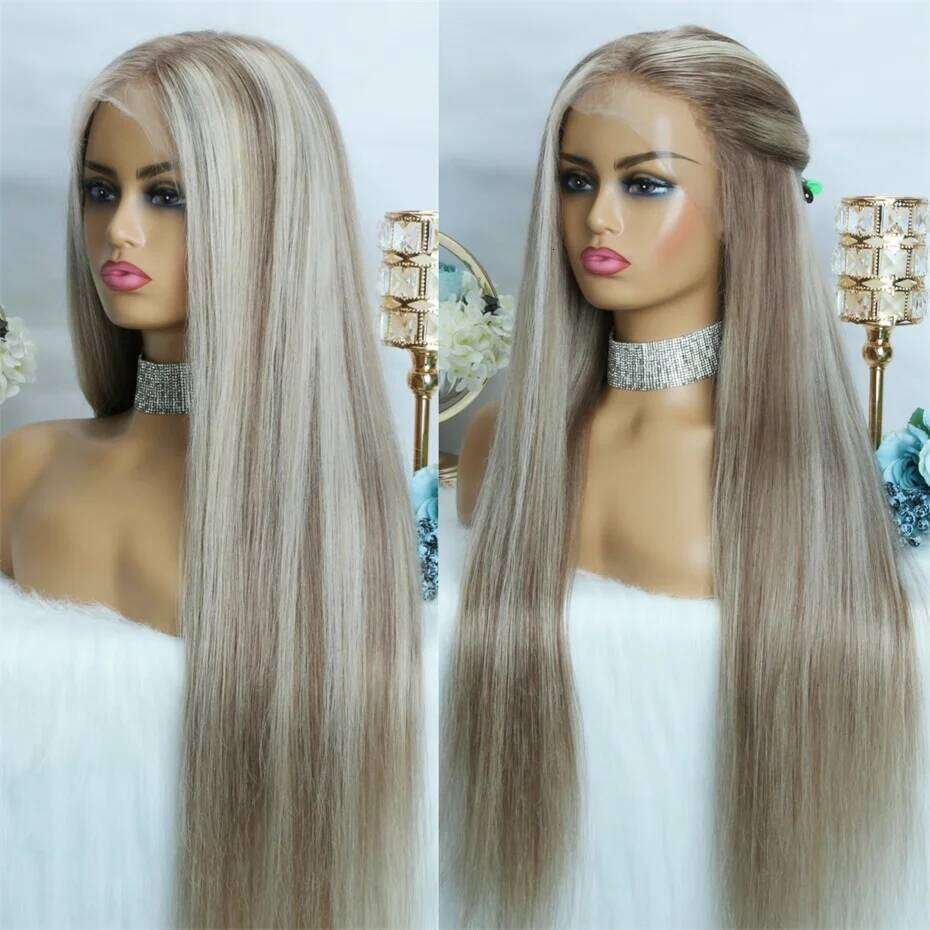 NAMM Straight 13x6 Brown Highlight Front Human Hair Natural Hairline Ash Blonde Transparent Lace Frontal Wig For Women