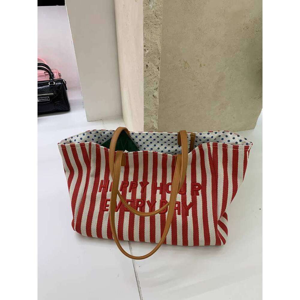 Summer Red and White Striped Letter Embroidered Tote Canvas Handheld Shoulder Underarm Class Mommy Bag Fashionable Versatile
