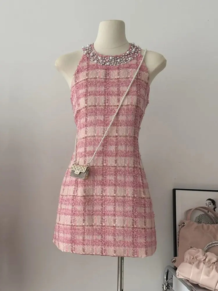 Korean Sweet Tweed Small Fragrance Tweed Dresses For Women Fashion Beading Summer Dress sweet Sexy Party Dress 250603