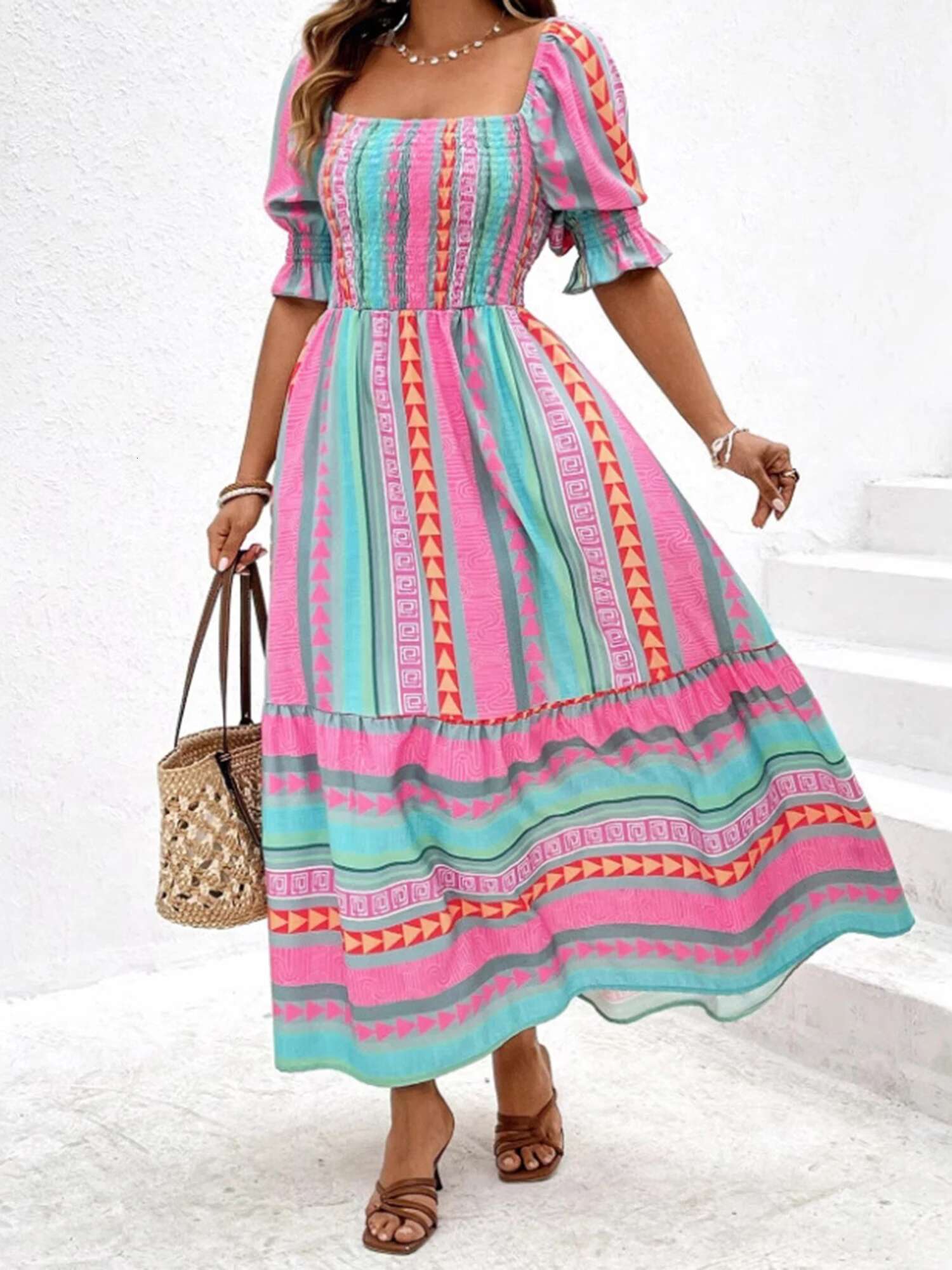 Women Plus Size Floral Print Maxi Dress Casual Summer Short Sleeve V-neck Boho Party Dress for Beachwear and Vacation