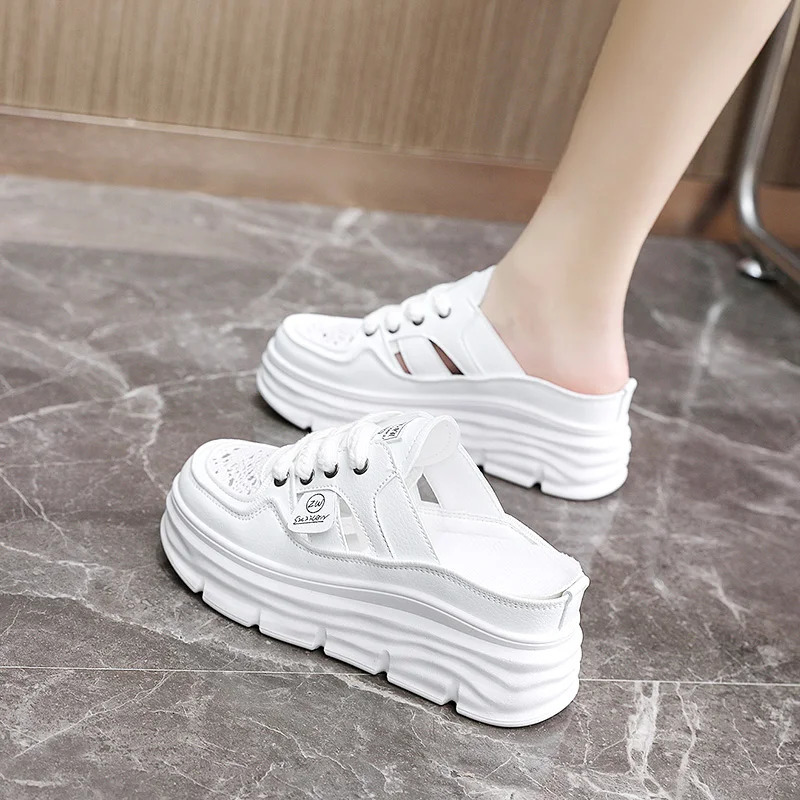 2025 Spring and Summer Thick Sole Increase Baotou Slippers Lady Small White Shoes Muffin Thick Sole Half Slippers 250603