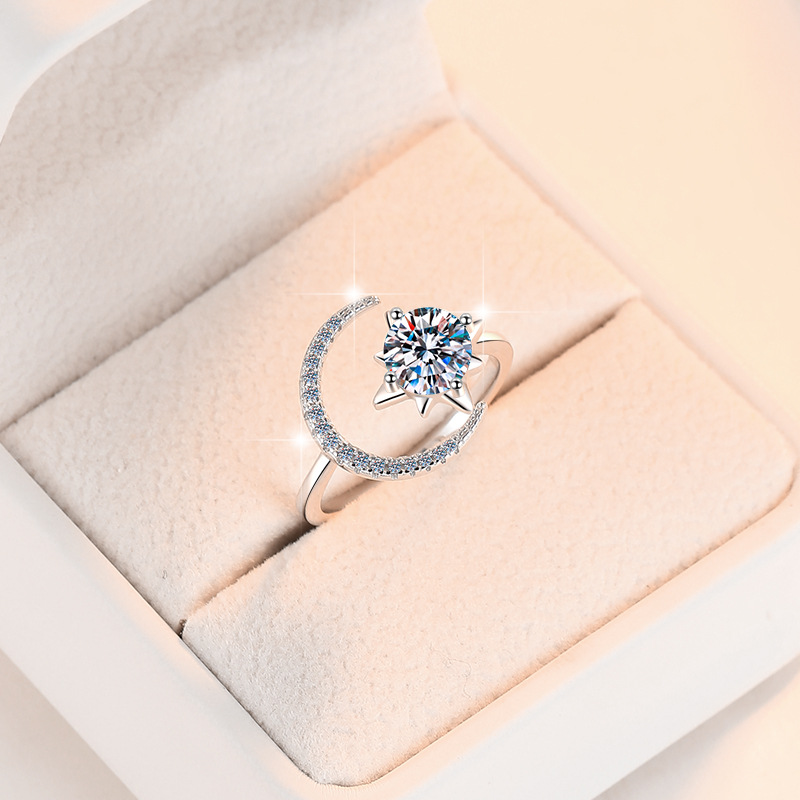 Adjustable Dreamy Star and Moon Moissanite Ring in S925 Sterling Silver, Perfect for Special Occasions, Affordable Luxury Jewelry, Cross-Border Wholes