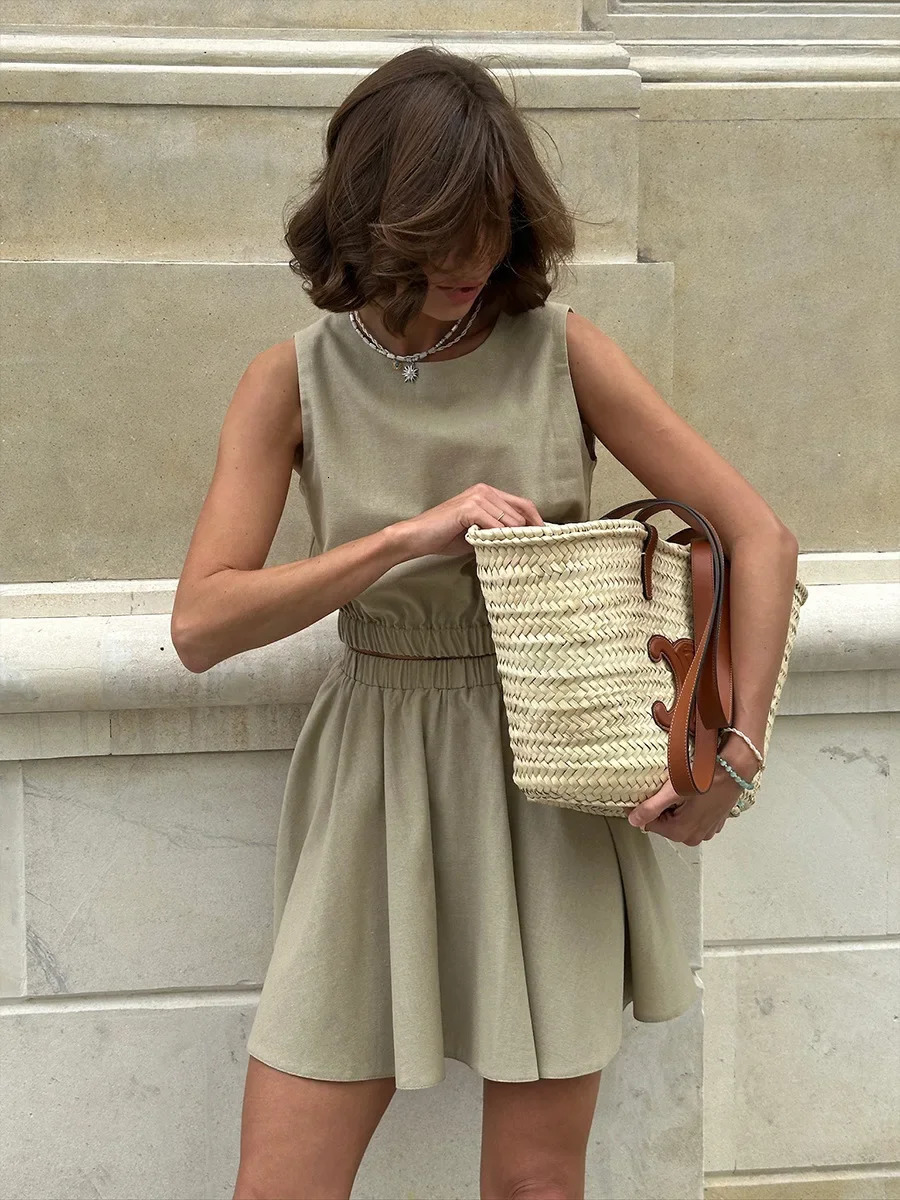 Wolfeel Summer O-Neck Vest Pleated Skirt 2-Piece Set Womens Cotton Linen Sleeveless Top Short Skirt Women Casual Skirt Set 250606