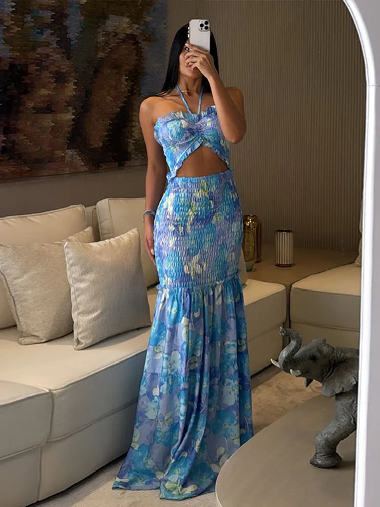 Hollow Out Printed Halter Long Dress Women Backless Off Shoulder Patchwork Ruffle Summer 2025 Dresses Party Vacation Chic Robe 250605