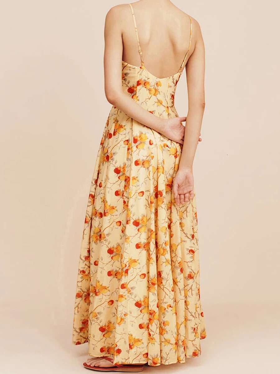 Womens Summer Long Cami Dress Floral Dot Print Sleeveless Spaghetti Strap a Line Dress