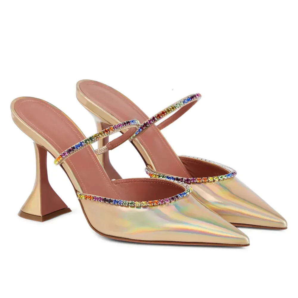 Korean Version of The Trendy Half-slip Womens Shoes with Rhinestone Satin Wine Glass Heels Baotou Slippers 250603