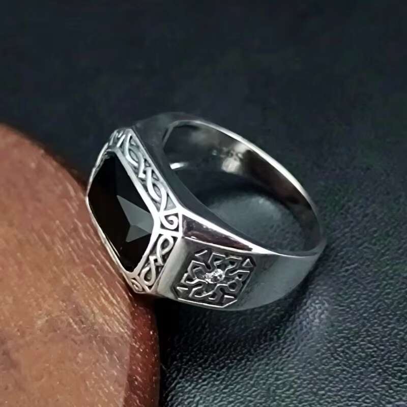 BOCAI Fashion S925 Sterling Silver Punk Style Ring Natural Black Agate Rectangle Ethnic Style Exquisite Gift Parties Men Ring