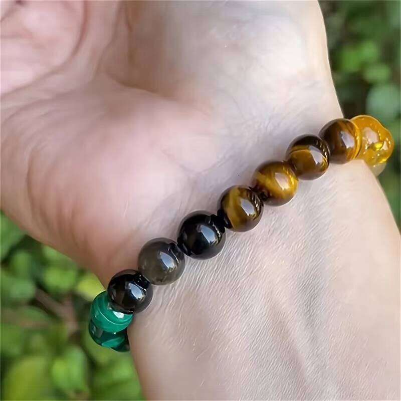 Unisex Natural Stone Self-Love Attracting Good Luck Money Wealth Green Malachite Tiger Eye Beaded Bracelet