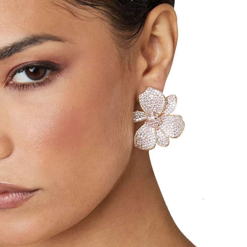 Luxury diamond wild orchid earrings in light pink 18K gold 925 silver beautiful bride jewelry