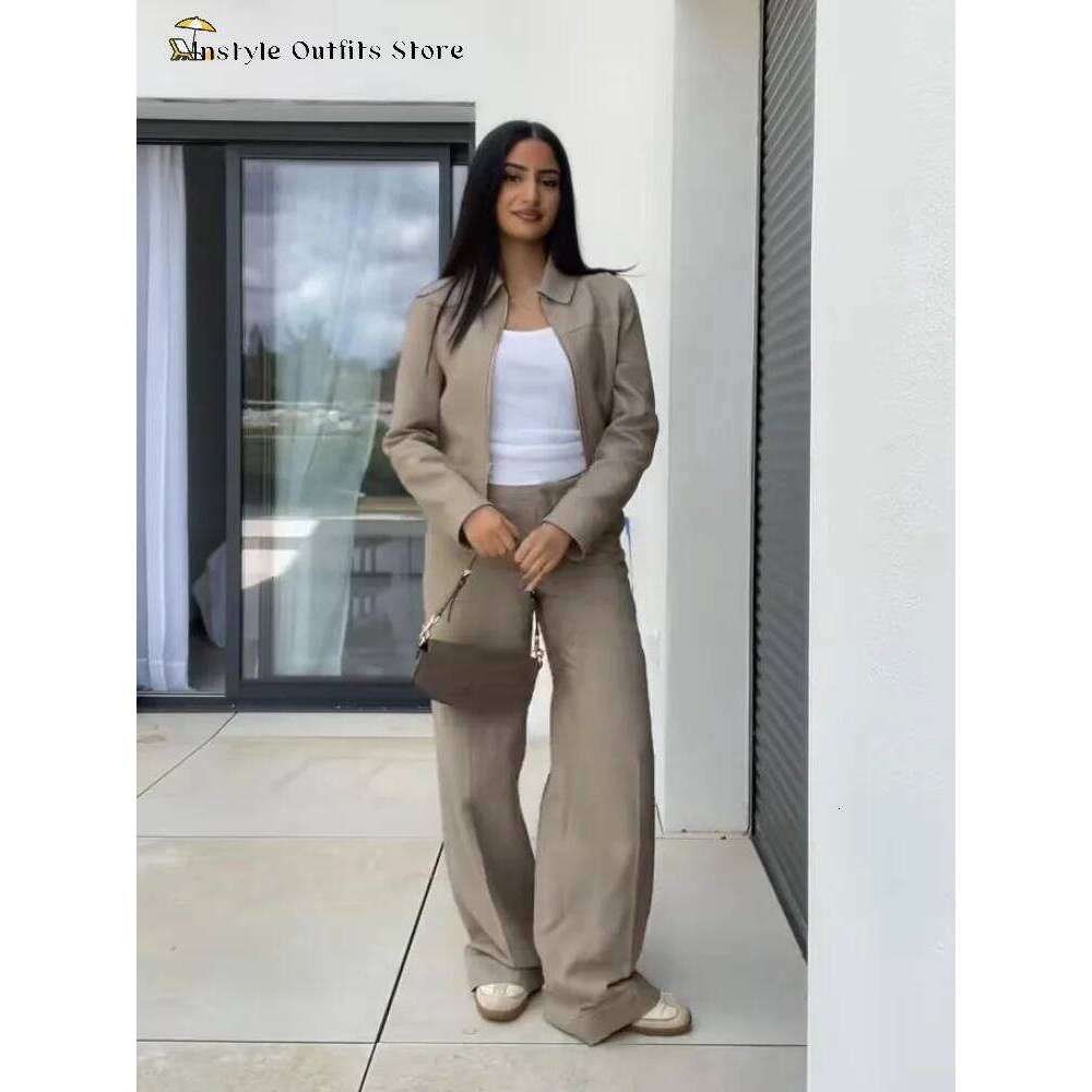 Casual Trousers Set Women Cotton Linen Lapel Zippers Crop Top Straight Pants Sets Lady Spring Autumn Solid Suit Woman Streetwear