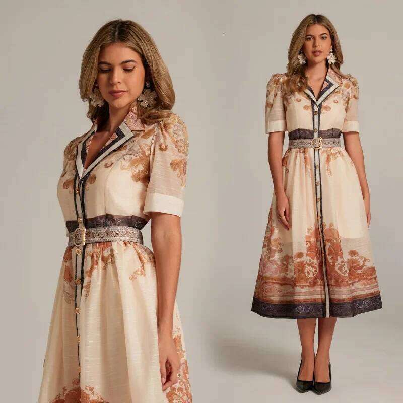 Elegant Printed Suit Collar Long Dress Court Style French Unique Quality New Arrival 2025 Fashionable Women's Wear