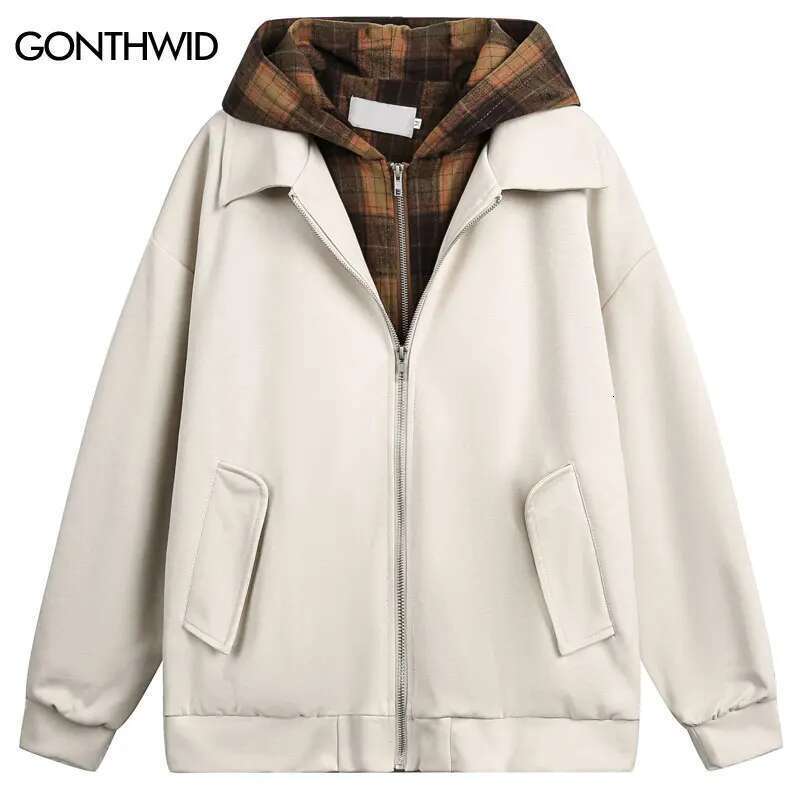 Vintage Hooded Jacket Y2K Plaid Checkered Patchwork Double Zipper Up Coats Haruku Hip Hop Casual Baggy Solid Hoodie Jackets