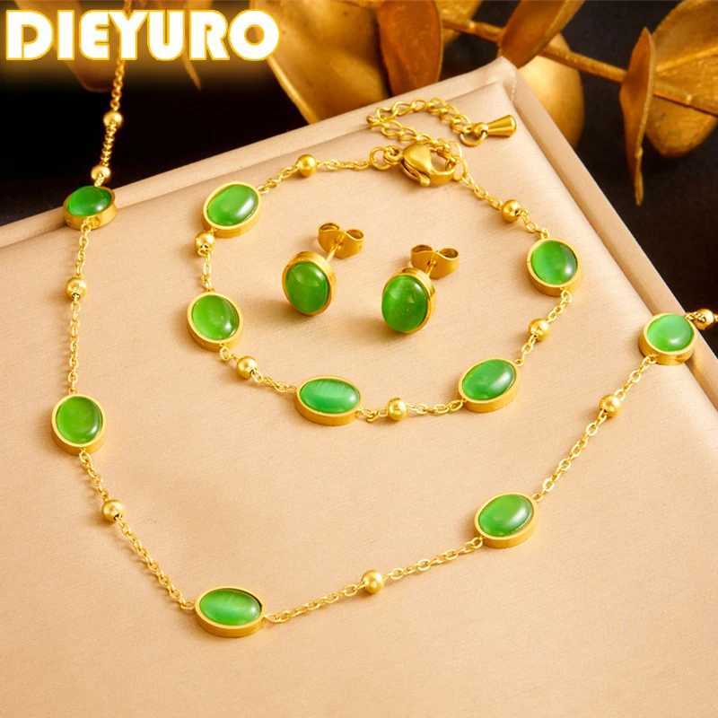 DIEYURO 316L Stainless Steel Green Oval Rhinestone Necklace Earring Set Trend Non-fading Elliptical Geometry Jewelry Set Z250607