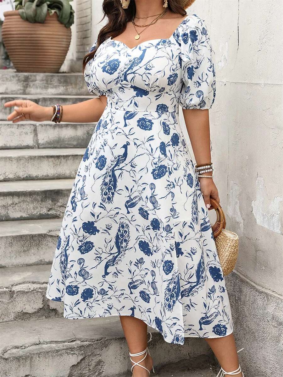Elegant Lace Plus Size Dress Off Shoulder Short Sleeve High Low Hem A-line Midi Dress Vintage Summer Clothing for Women