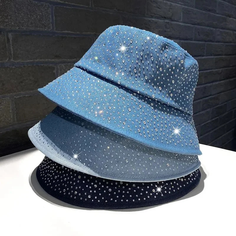 Denim Fisherman Hat Womens Korean ErSion VSpring And Autumn Sun Protection Hat Rhinestone Fashion Trend Bucket Cap 250605