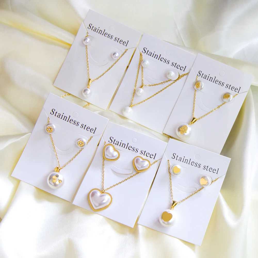 Korean Fashion Stainless Steel Earring Pendant Necklace Set Pearl Set Cubic Zirconia Jewelry Sets for Women Wedding Wholesale Z250607