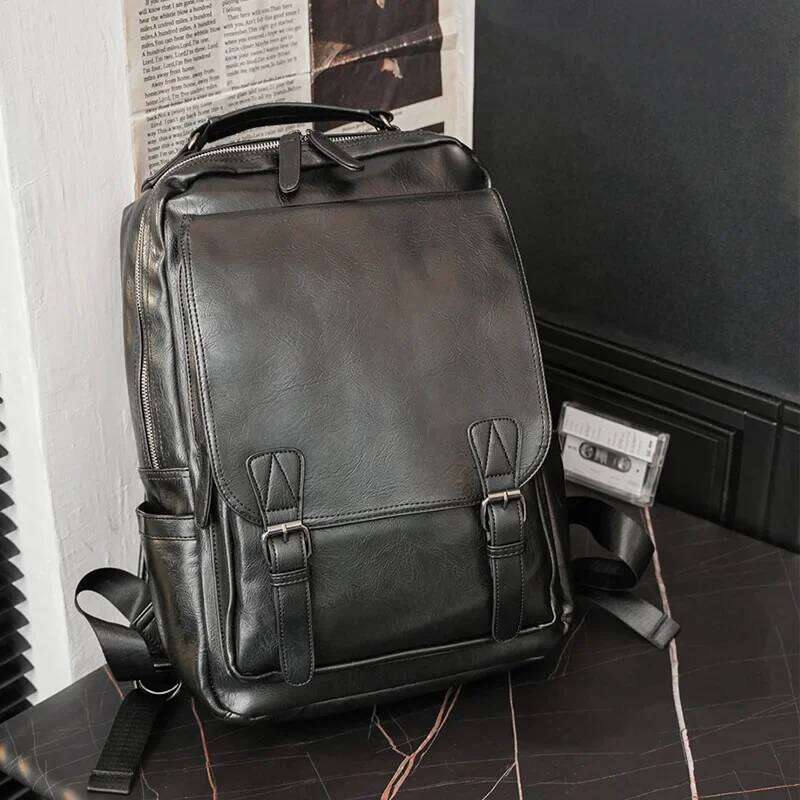 Fashion Design Men Waterproof 15 Inch Laptop Solid PU Leather Backpack Male Business Casual Back Bag Mochila