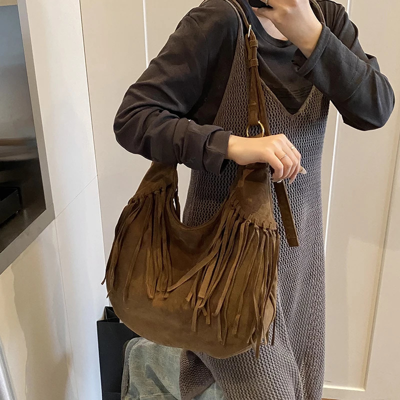 MOODS Bohemia Style Tassels Shoulder Hobo Bags For Women Faux Suede Large Capacity Wild Tote Bag Latest Fashion Handbags 250606