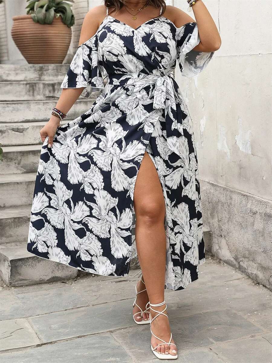 Women Plus Size Floral Print Maxi Dress with Ruffle Sleeves and v Neckline Elegant Belted Long Dress with High Side Split