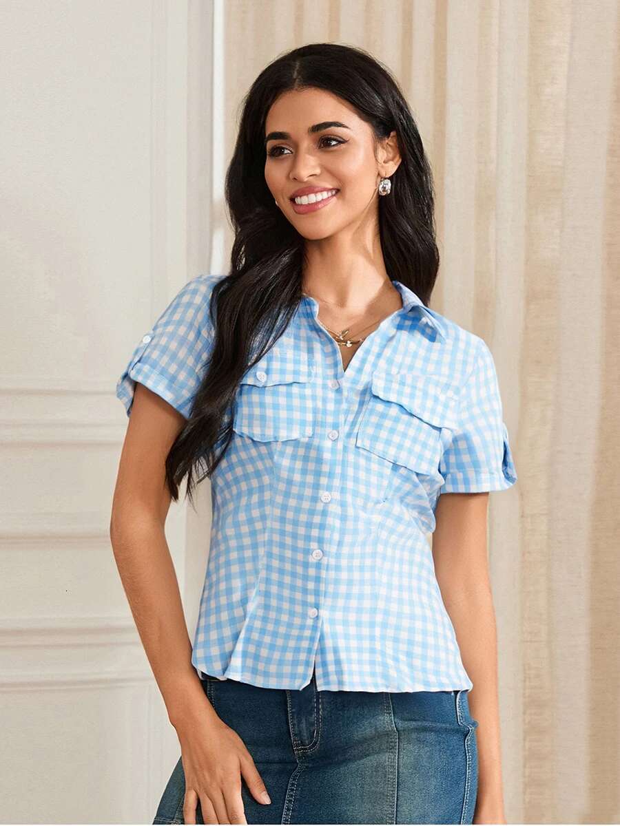 Ladies Plaid Patterned Blouses Stylish Short Sleeve Button Up Relaxed Fit Shirts Casual Loose Tops for Women