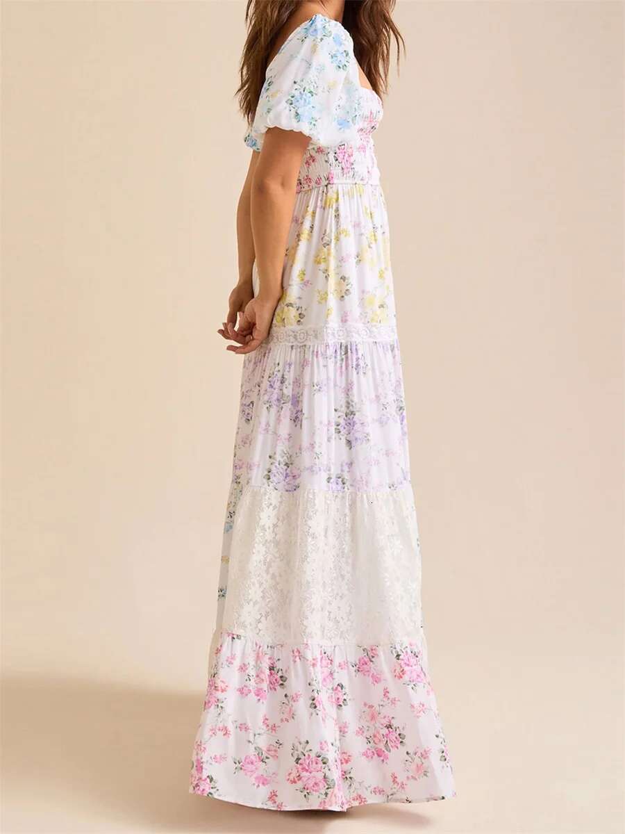 Elegant Floral Print Short Sleeve A-line Dress with Ruffled Hem for Women Perfect for Cocktail Parties and Streetwear Fashion