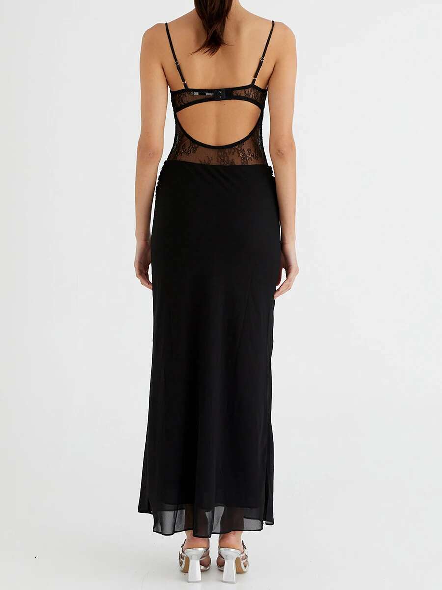 Womens Elegant Floral Print Maxi Dress Sleeveless V-neck Open Back Lace Patchwork Boho Beach Party Dresses