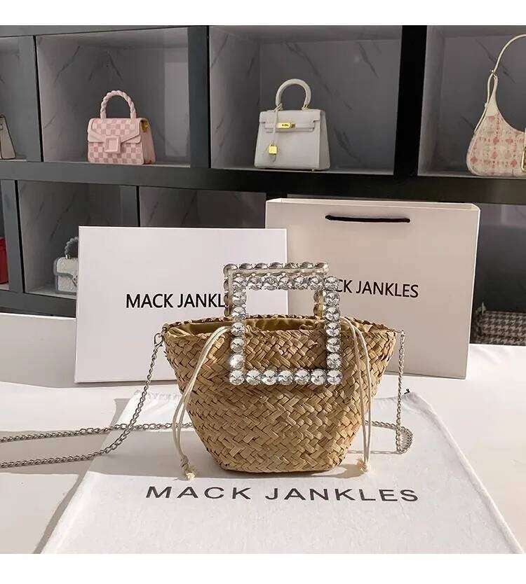 Straw Woven Handmade Bucket Crystal Dia Metal Handheld Women Handbag Lady Purse Shoulder Crossbody Holiday Beach Bag