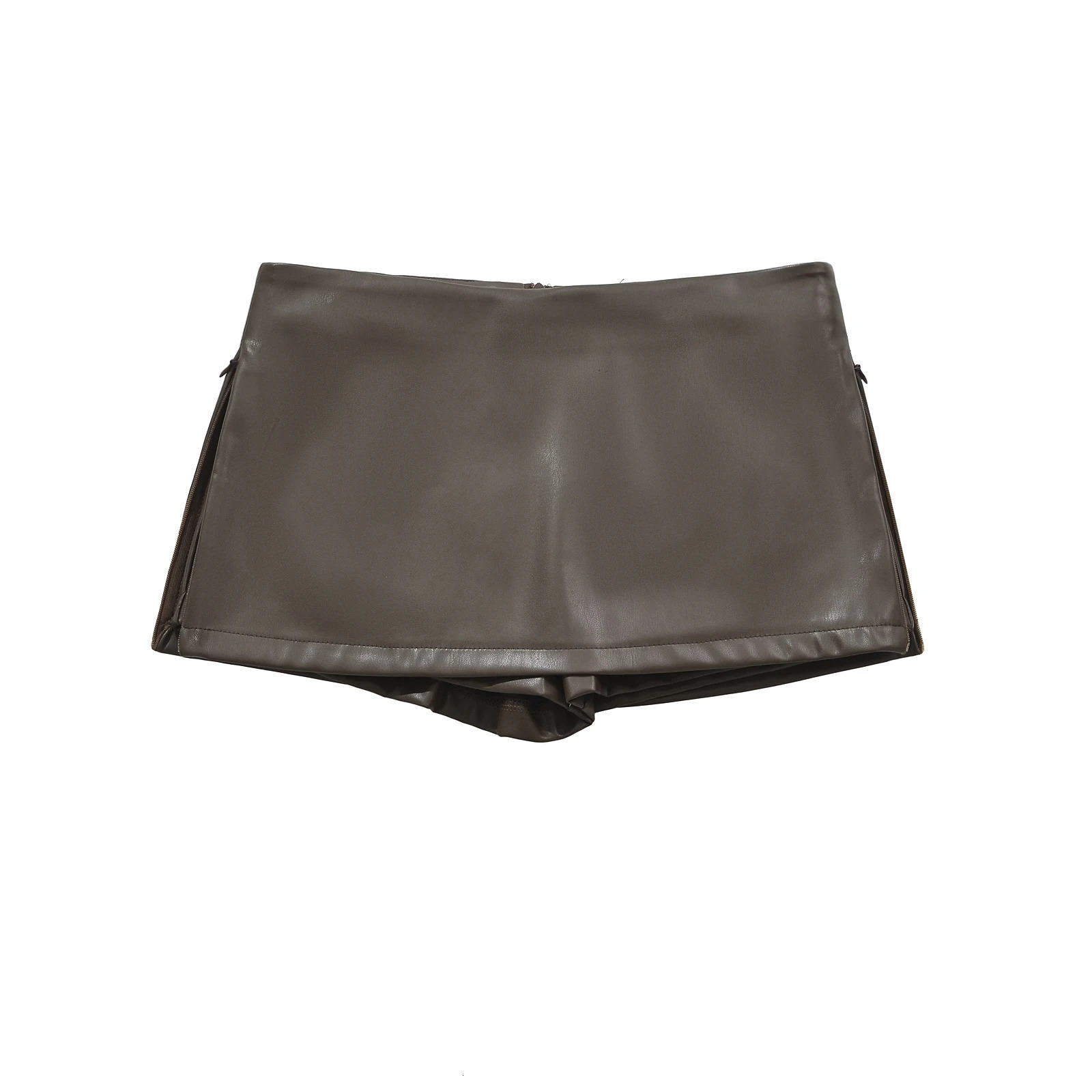 Black Mini Skirts Elegant Korean Fashion Faux Leather Skirts For Woman Low Rise Skirts Split Leather Skirt With Shorts Brown 250606
