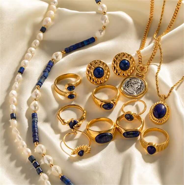 Fashion Lapis Lazuli Necklace Palace Retro Stainless Steel Ring Big Stone Ring