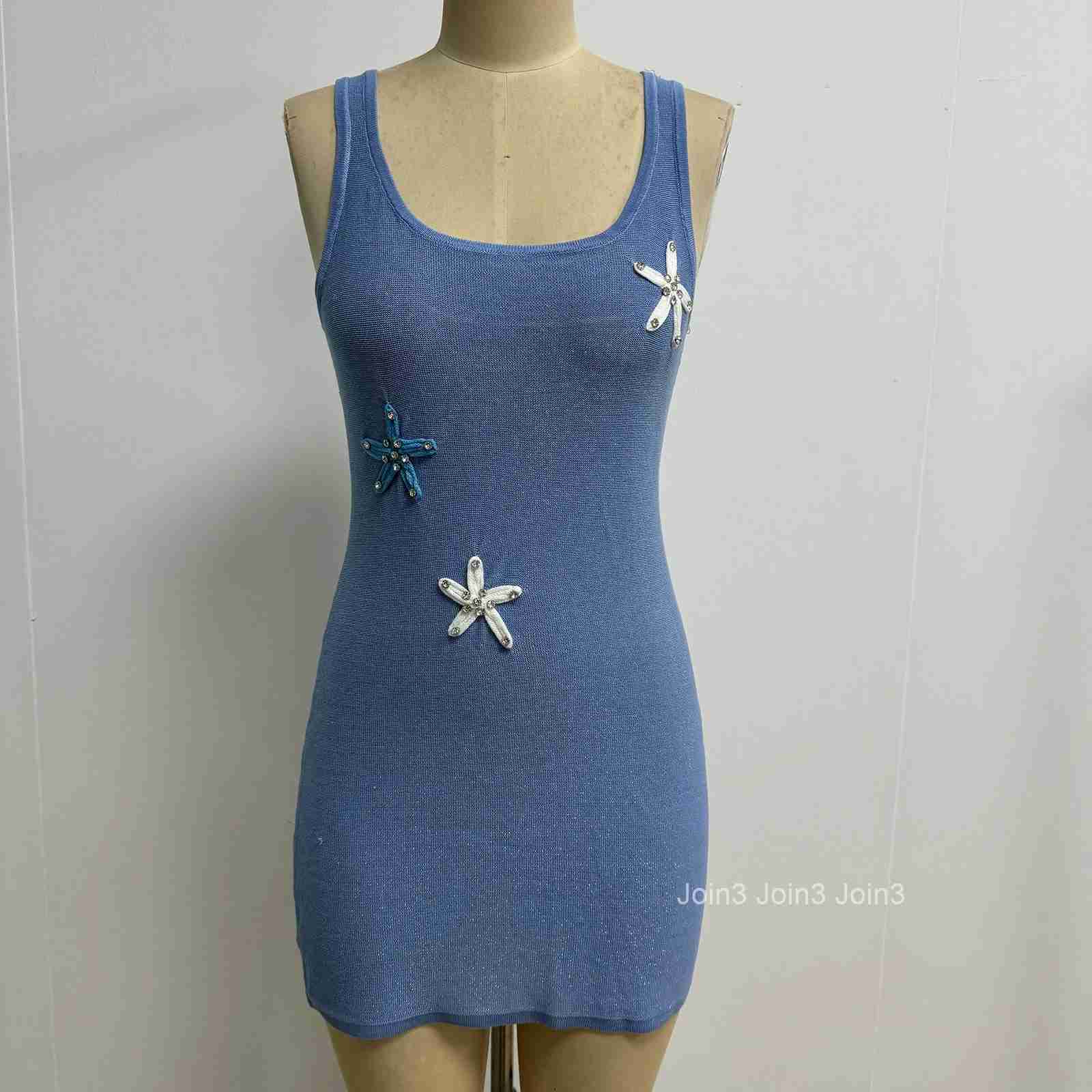 Womens Sleeveless Sequin Starfish Mini Dress Summer Casual Bodycon Knit Dress Fashionable Beachwear Dress