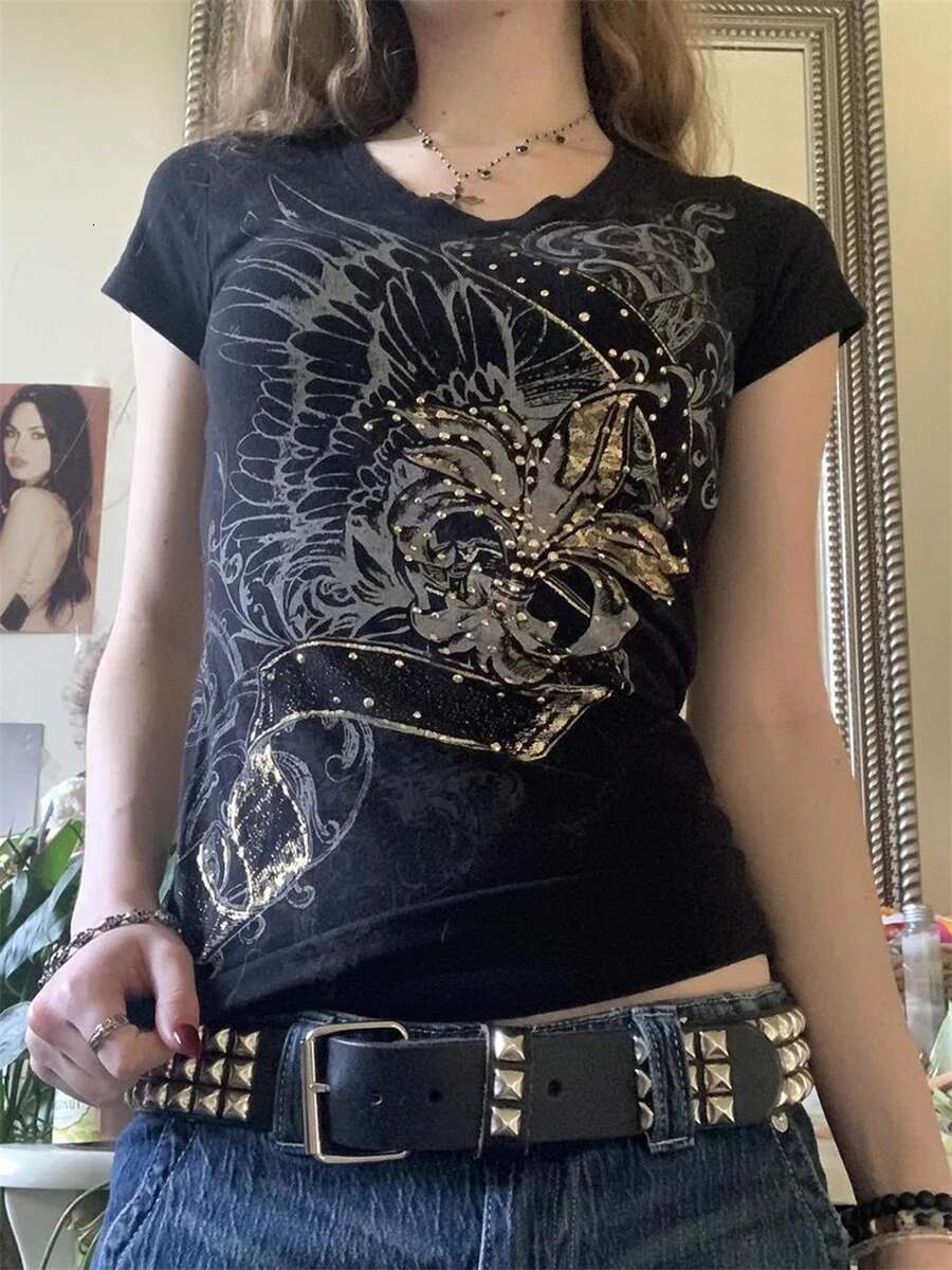 Womens Vintage Grunge Rhinestone Tops with Short Sleeve Round Neck and Wings Print - Stylish T-shirts and Blouses