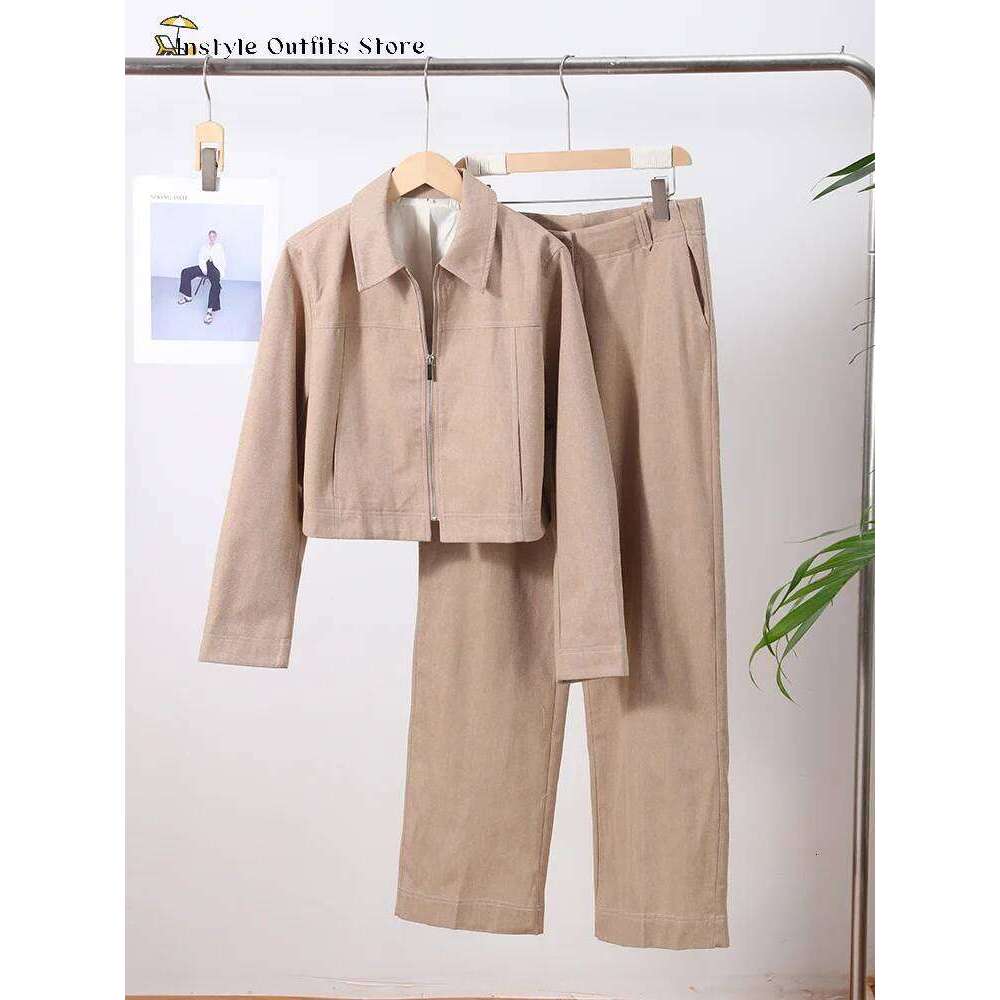 Casual Trousers Set Women Cotton Linen Lapel Zippers Crop Top Straight Pants Sets Lady Spring Autumn Solid Suit Woman Streetwear